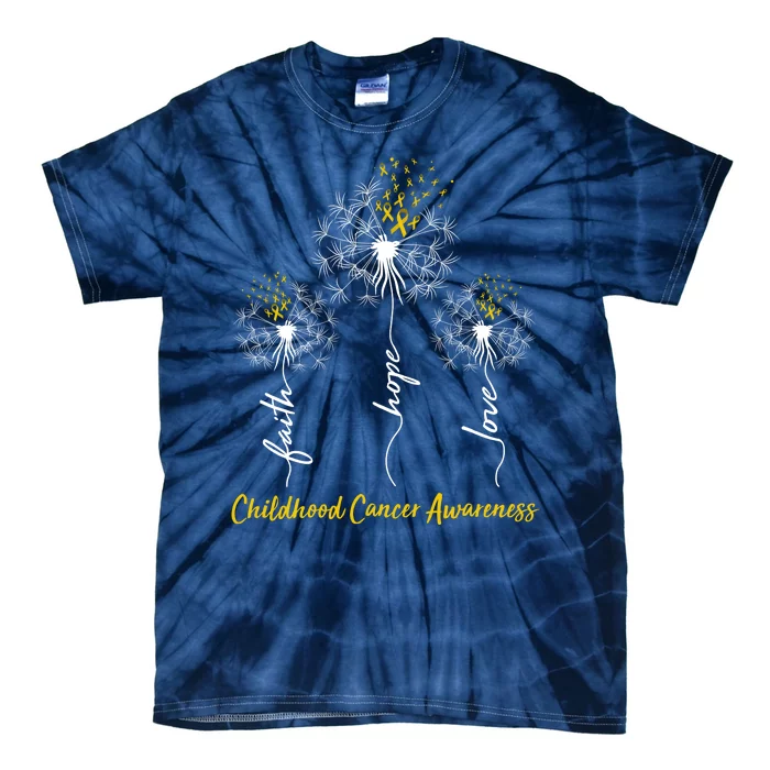 Childhood Cancer Awareness Faith Love Hope Dandelions Yellow Ribbons Tie-Dye T-Shirt