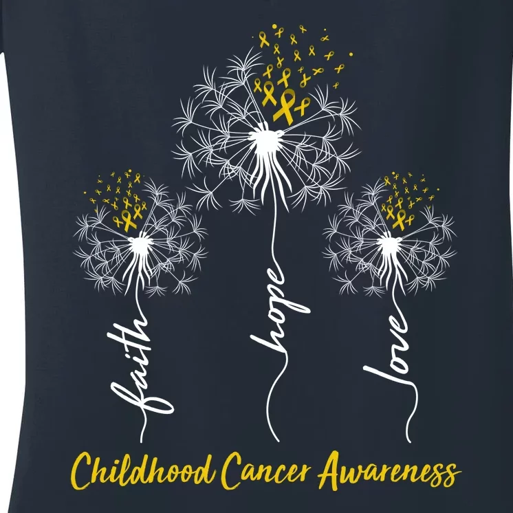 Childhood Cancer Awareness Faith Love Hope Dandelions Yellow Ribbons Women's V-Neck T-Shirt