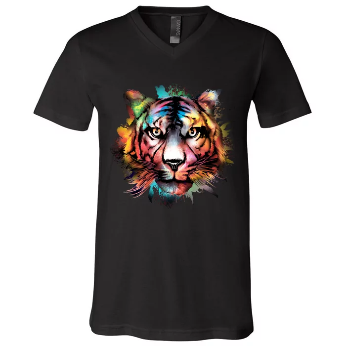 Cool Colorful Abstract Realistic Tiger Face V-Neck T-Shirt