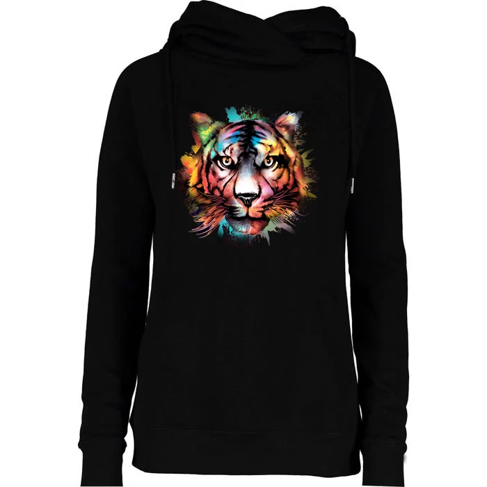 Cool Colorful Abstract Realistic Tiger Face Womens Funnel Neck Pullover Hood