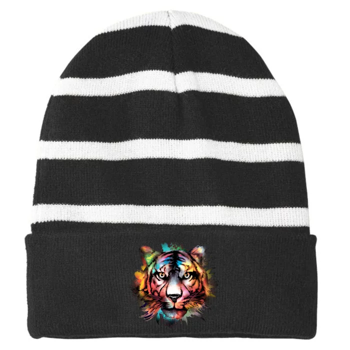 Cool Colorful Abstract Realistic Tiger Face Striped Beanie with Solid Band