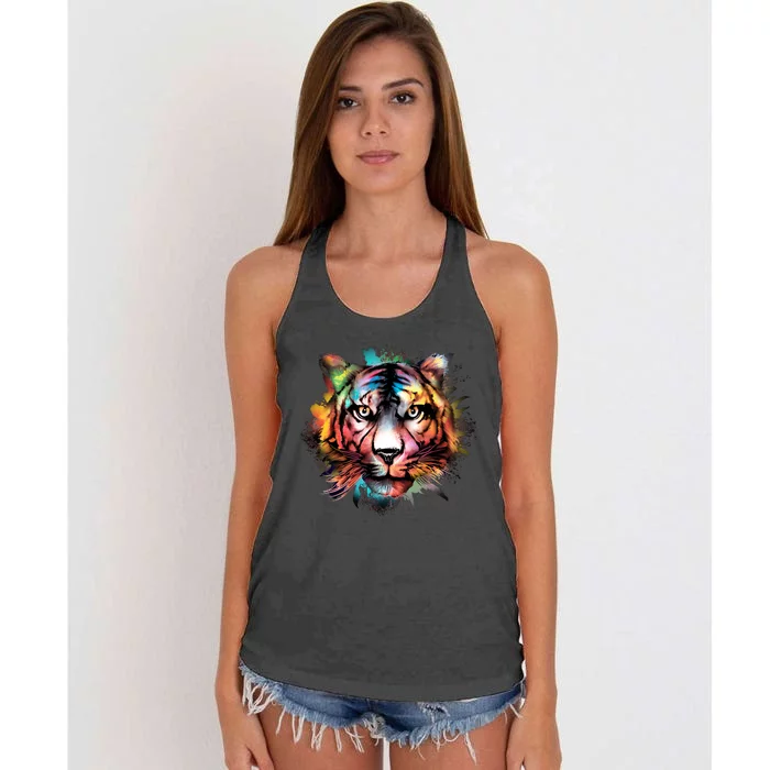 Cool Colorful Abstract Realistic Tiger Face Women's Knotted Racerback Tank