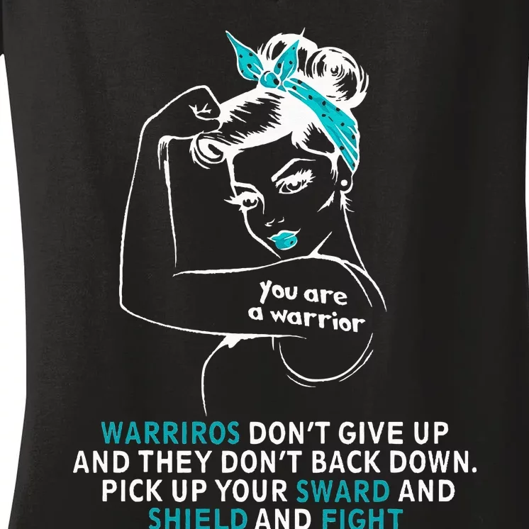 Cervical cancer awareness wo teal ribbon gift Women's V-Neck T-Shirt