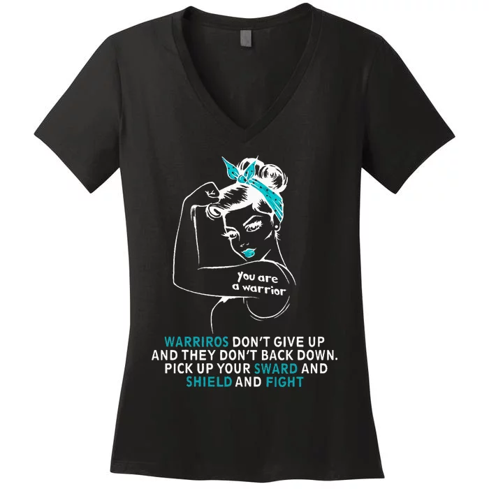 Cervical cancer awareness wo teal ribbon gift Women's V-Neck T-Shirt