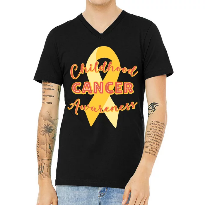 Childhood Cancer Awarebess Golden Gold Robbon V-Neck T-Shirt