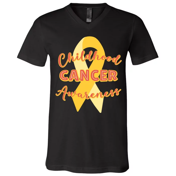 Childhood Cancer Awarebess Golden Gold Robbon V-Neck T-Shirt