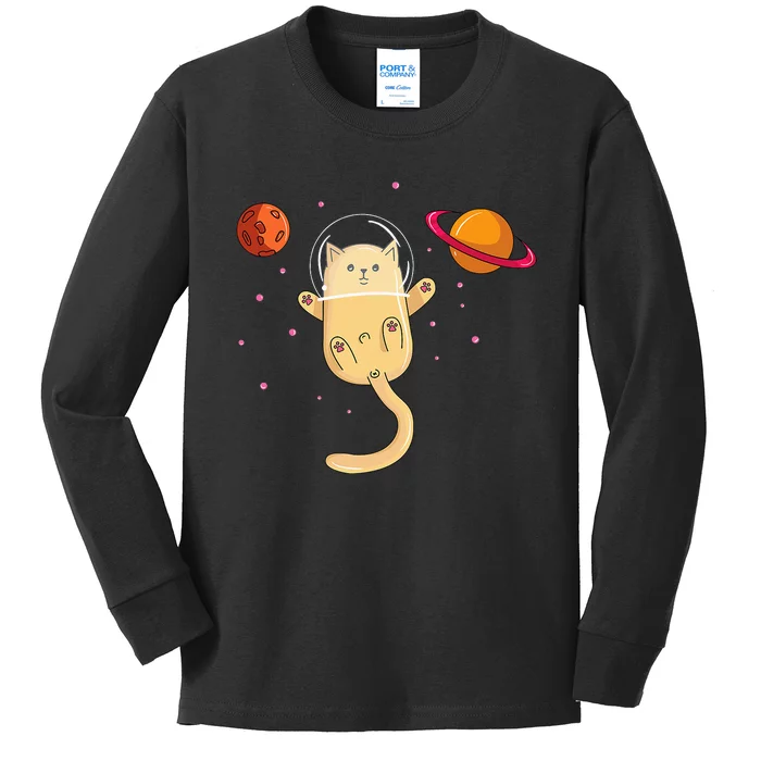 Chibi Cat Astronaut In Space Kids Long Sleeve Shirt