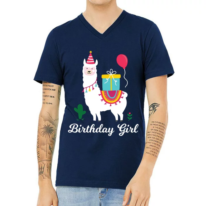 Cool Cute Alpaca Llama Cactus Girl Birthday Party Animal V-Neck T-Shirt