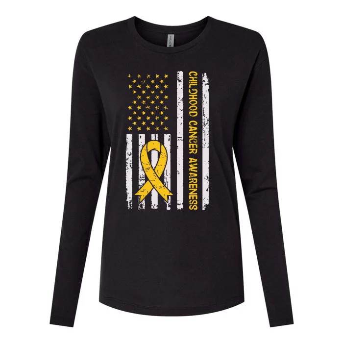 Childhood Cancer Awareness Month Gold Ribbon American Flag Womens Cotton Relaxed Long Sleeve T-Shirt