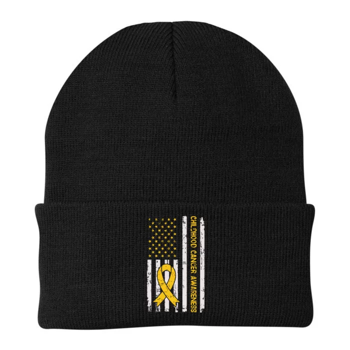 Childhood Cancer Awareness Month Gold Ribbon American Flag Knit Cap Winter Beanie