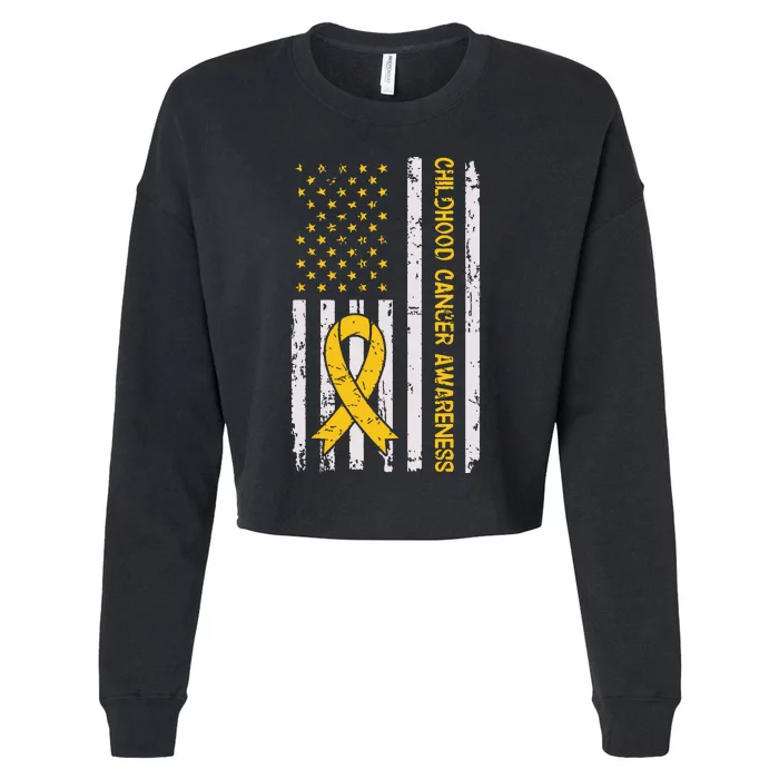 Childhood Cancer Awareness Month Gold Ribbon American Flag Cropped Pullover Crew