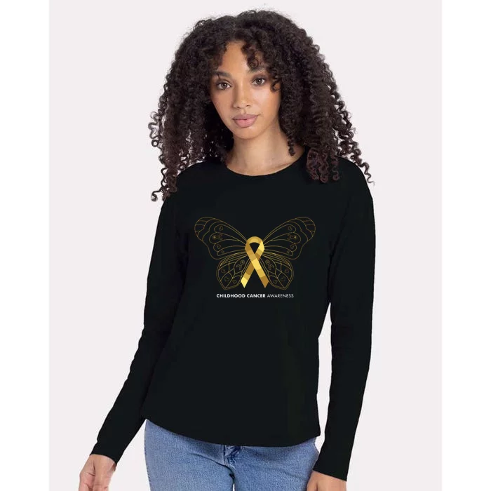 Childhood Cancer Awareness Butterfly & Gold Ribbon Womens Cotton Relaxed Long Sleeve T-Shirt