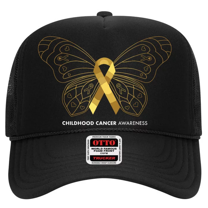 Childhood Cancer Awareness Butterfly & Gold Ribbon High Crown Mesh Trucker Hat