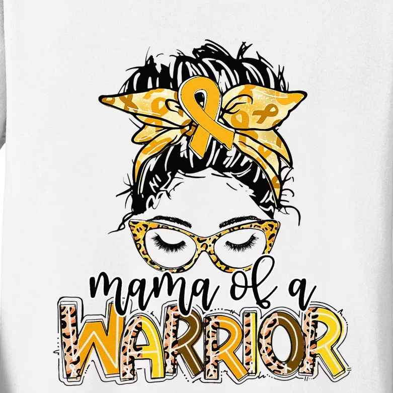 Childhood Cancer Awareness Mama Of A Warrior Messy Bun Mom Kids Long Sleeve Shirt