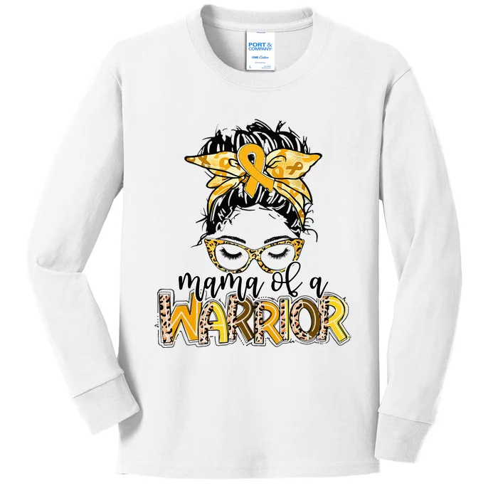 Childhood Cancer Awareness Mama Of A Warrior Messy Bun Mom Kids Long Sleeve Shirt