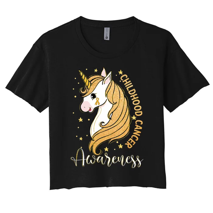 Childhood Cancer Awareness Yellow Unicorn For A Child Fight Women's Crop Top Tee