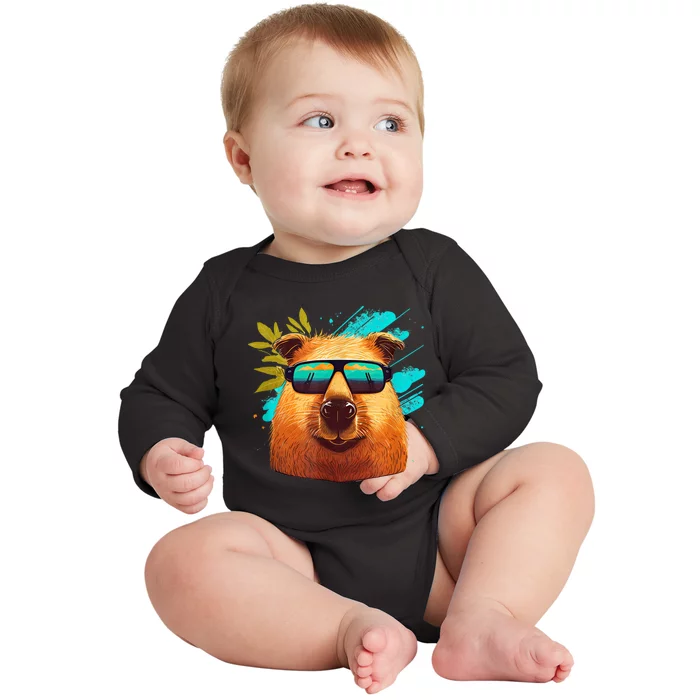 Capybara Cute And Funny Capybara Cool Sunglasses Baby Long Sleeve Bodysuit