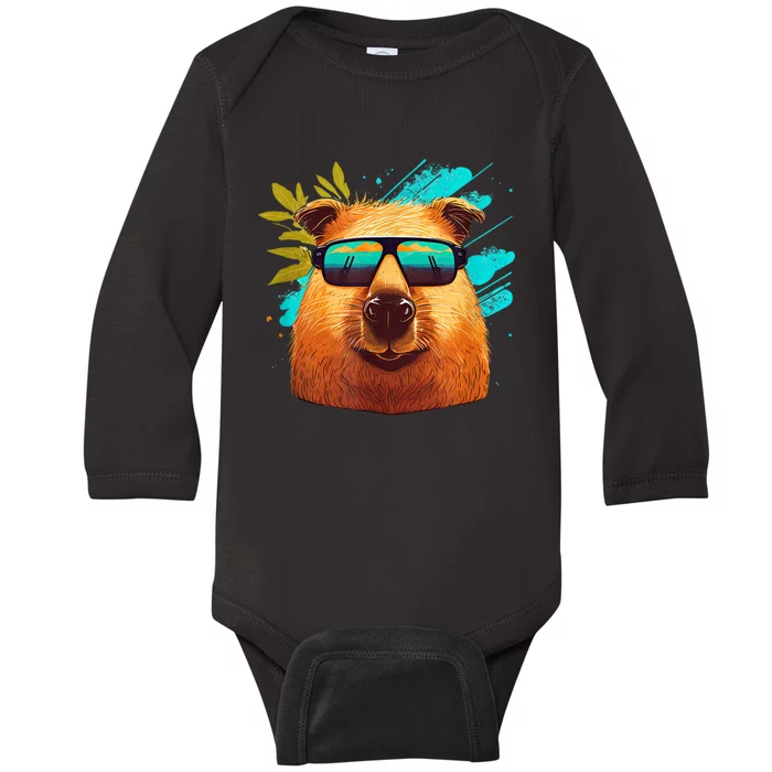 Capybara Cute And Funny Capybara Cool Sunglasses Baby Long Sleeve Bodysuit