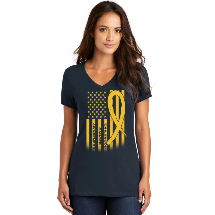 Childhood Cancer Awareness US Flag Women's V-Neck T-Shirt