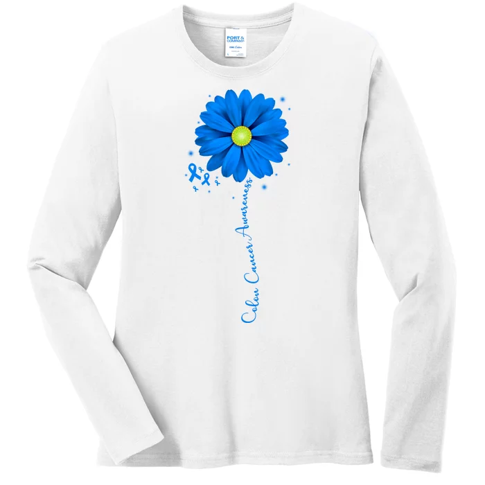 Colon Cancer Awareness Sunflower Ribbon Ladies Long Sleeve Shirt