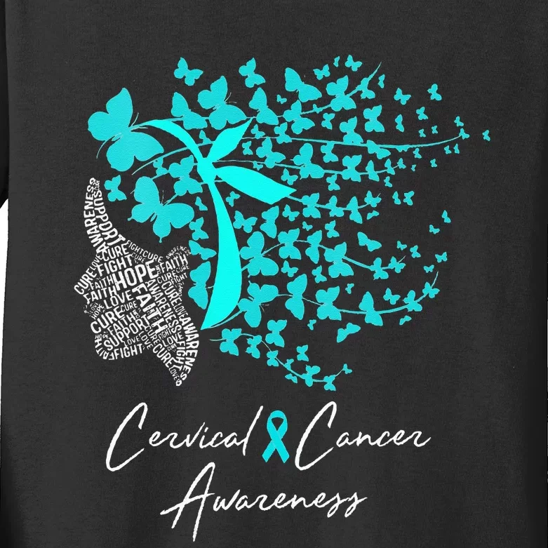 Cervical Cancer Awareness Teal Butterflies Kids Long Sleeve Shirt