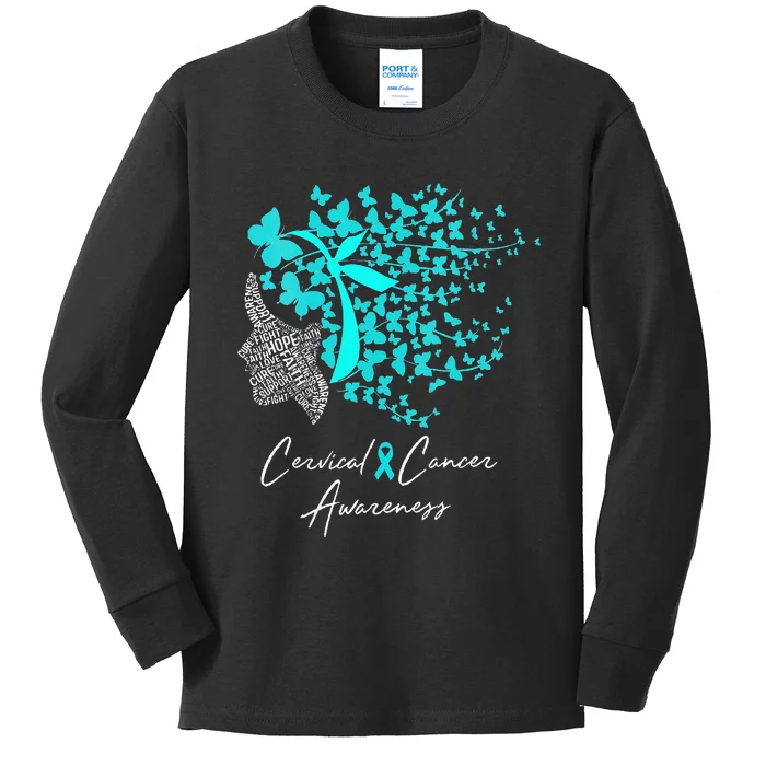 Cervical Cancer Awareness Teal Butterflies Kids Long Sleeve Shirt