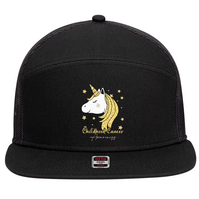 Childhood Cancer Awareness Unicorn Ribbon Twinkle Gold 7 Panel Mesh Trucker Snapback Hat