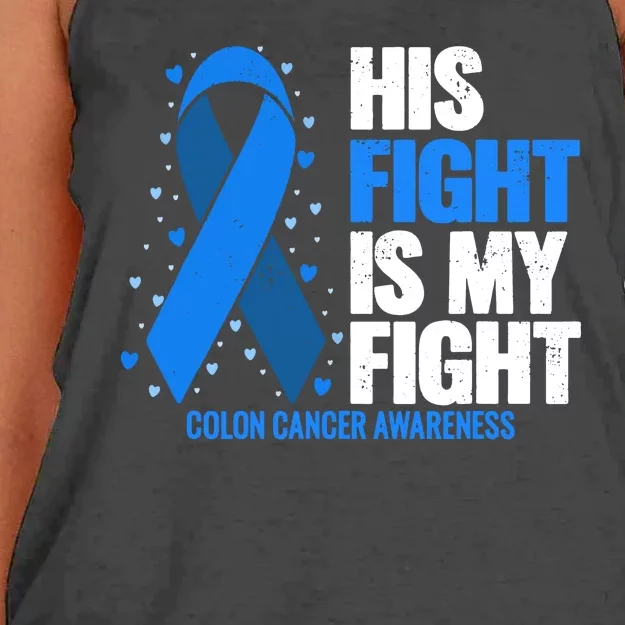 Colon Cancer Awareness His Fight Is My Fight Women's Knotted Racerback Tank