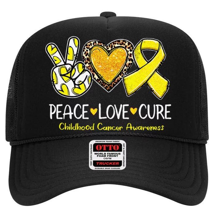 Childhood Cancer Awareness Love Cure Yellow Ribbon Gift High Crown Mesh Trucker Hat