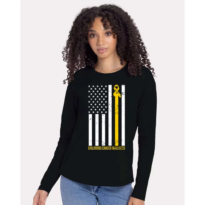 Childhood Cancer American Flag Yellow Thin Line Womens Cotton Relaxed Long Sleeve T-Shirt