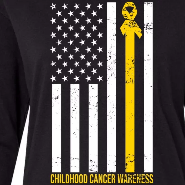 Childhood Cancer American Flag Yellow Thin Line Womens Cotton Relaxed Long Sleeve T-Shirt