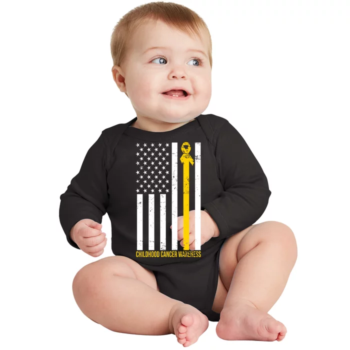 Childhood Cancer American Flag Yellow Thin Line Baby Long Sleeve Bodysuit