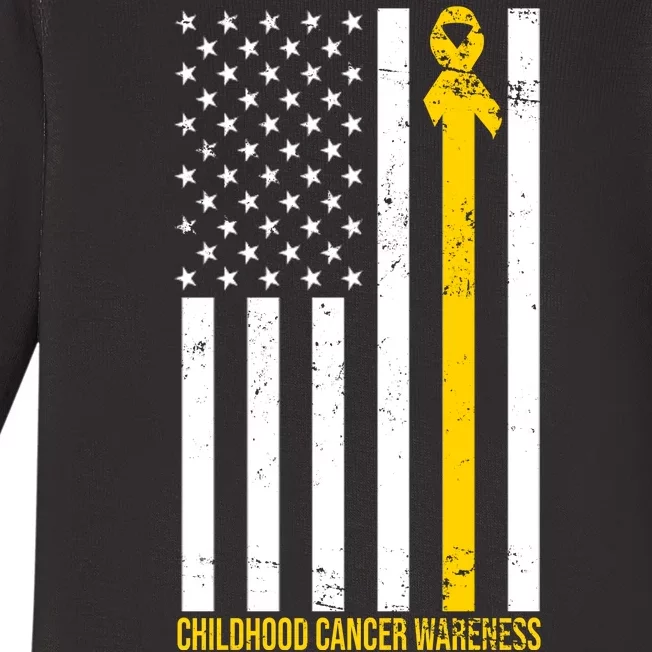 Childhood Cancer American Flag Yellow Thin Line Baby Long Sleeve Bodysuit