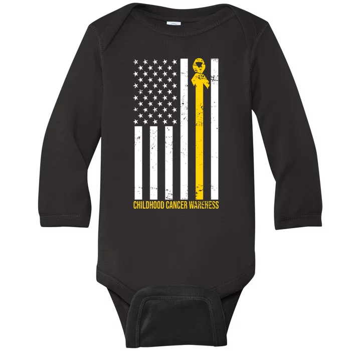 Childhood Cancer American Flag Yellow Thin Line Baby Long Sleeve Bodysuit