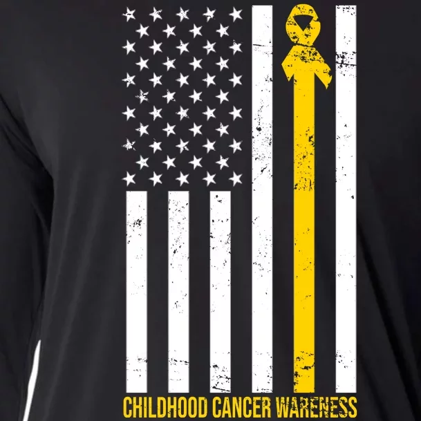 Childhood Cancer American Flag Yellow Thin Line Cooling Performance Long Sleeve Crew