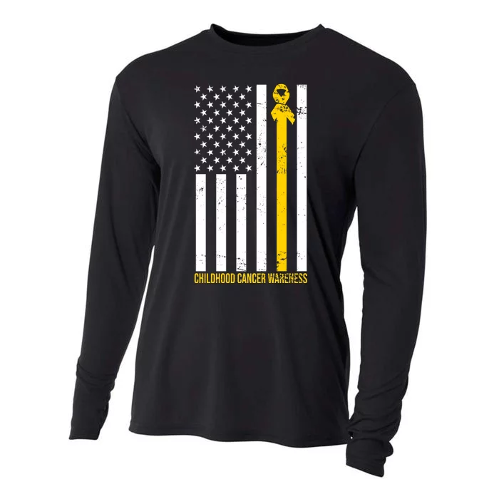 Childhood Cancer American Flag Yellow Thin Line Cooling Performance Long Sleeve Crew