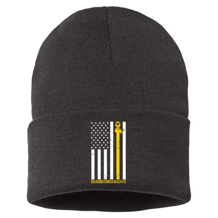 Childhood Cancer American Flag Yellow Thin Line Sustainable Knit Beanie