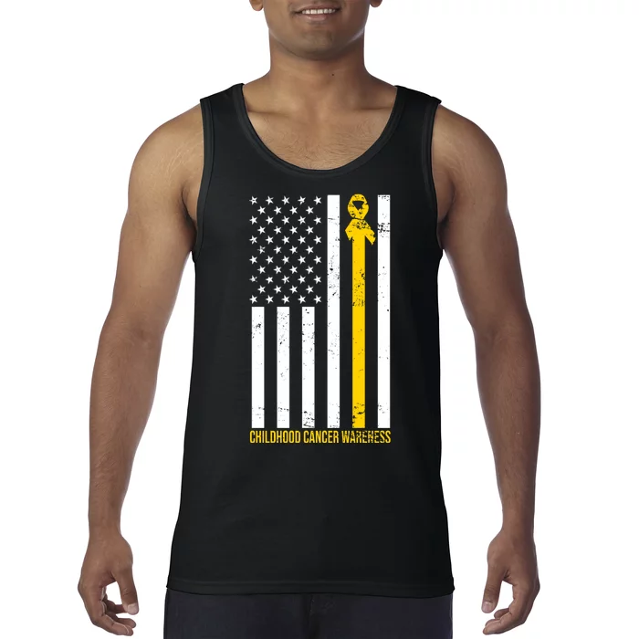 Childhood Cancer American Flag Yellow Thin Line Tank Top