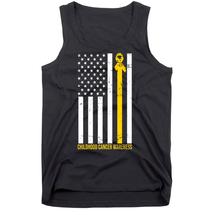 Childhood Cancer American Flag Yellow Thin Line Tank Top