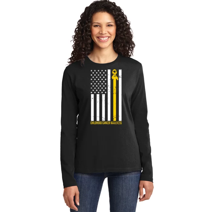 Childhood Cancer American Flag Yellow Thin Line Ladies Long Sleeve Shirt