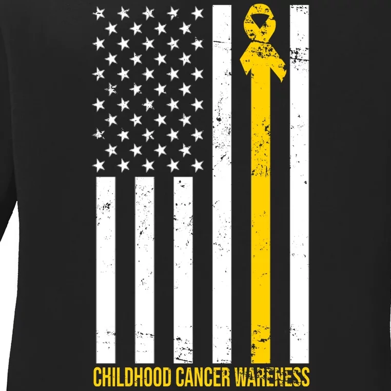 Childhood Cancer American Flag Yellow Thin Line Ladies Long Sleeve Shirt