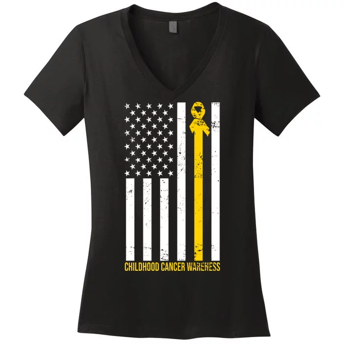 Childhood Cancer American Flag Yellow Thin Line Women's V-Neck T-Shirt