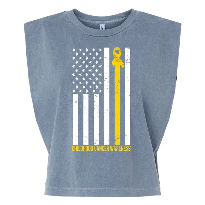 Childhood Cancer American Flag Yellow Thin Line Garment-Dyed Women's Muscle Tee