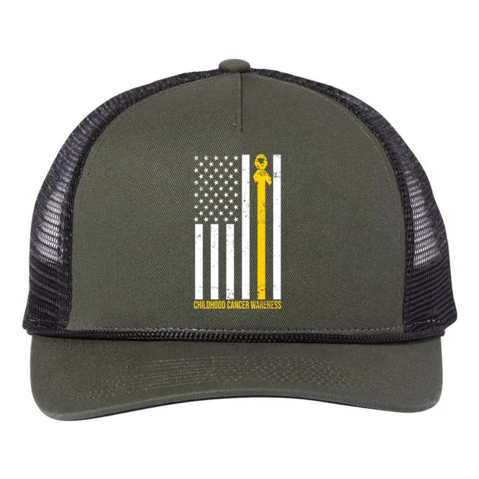 Childhood Cancer American Flag Yellow Thin Line Retro Rope Trucker Hat Cap