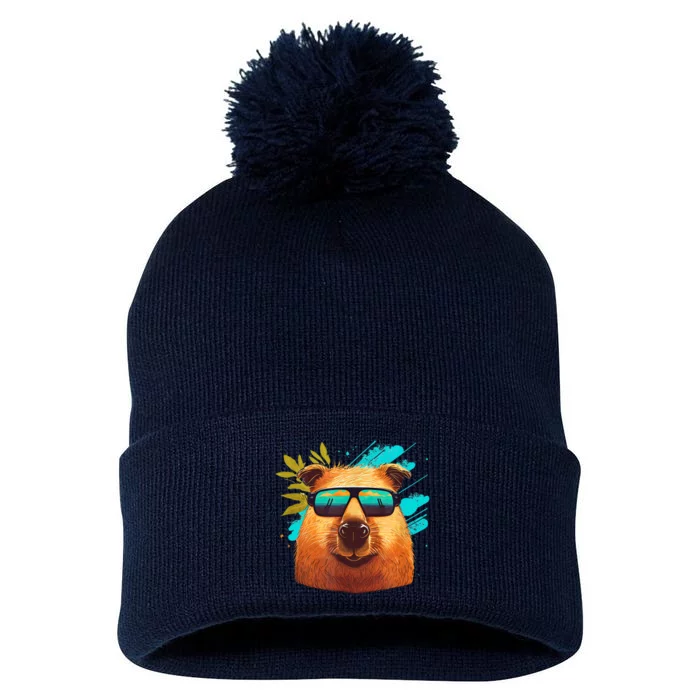 Capybara Cute and funny Capybara Cool Sunglasses Pom Pom 12in Knit Beanie