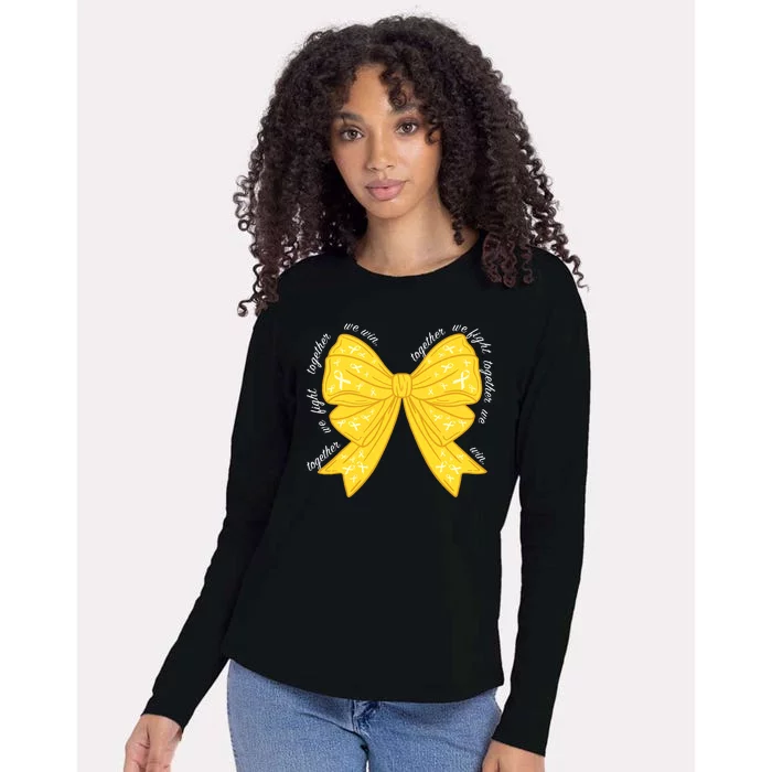 Childhood Cancer Awareness Coquette Bow Gold Ribbon Womens Cotton Relaxed Long Sleeve T-Shirt