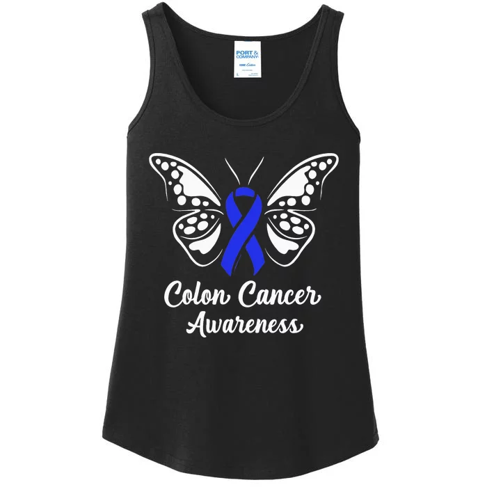 Colon Cancer Awareness Colorectal Cancer Blue Butterfly Ladies Essential Tank