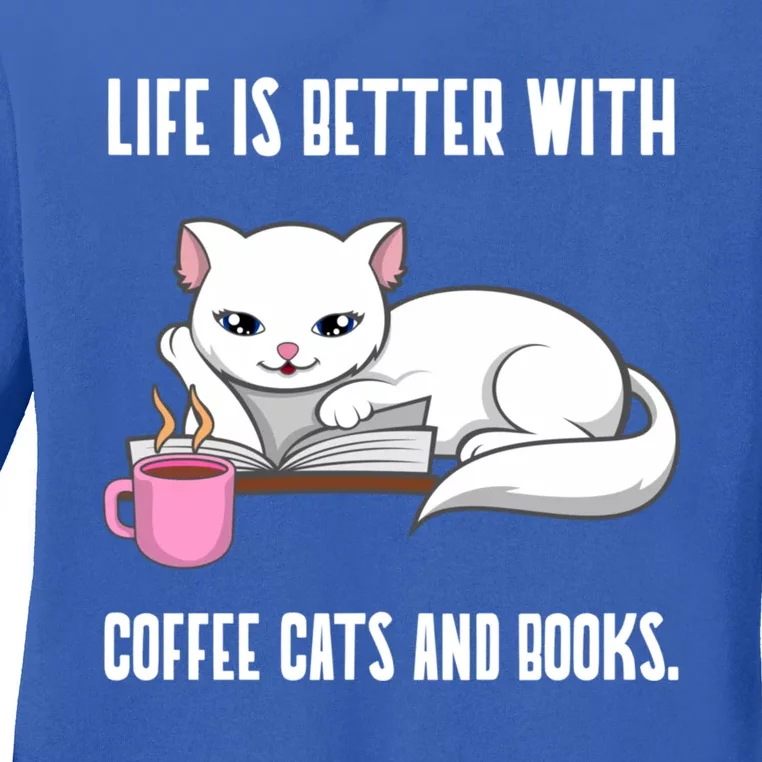 Coffee Cats And Books Funny Reading Gift Ladies Long Sleeve Shirt