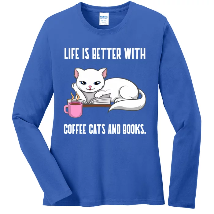 Coffee Cats And Books Funny Reading Gift Ladies Long Sleeve Shirt