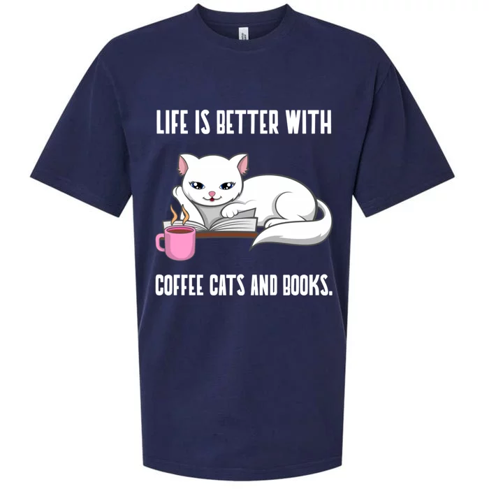 Coffee Cats And Books Funny Reading Gift Sueded Cloud Jersey T-Shirt